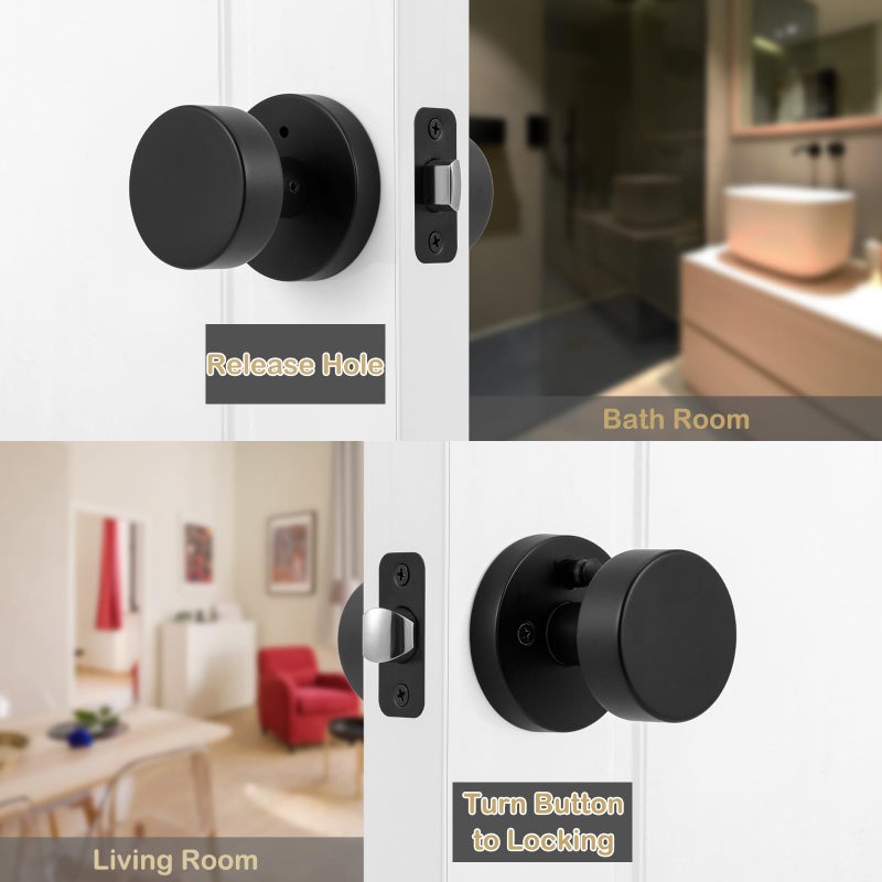 naubea Matte Black Door Knobs Interior Black Privacy Door Knob with Lock, Heavy Duty Round Vintage Door Handle for Bedroom Bathroom - Image 5